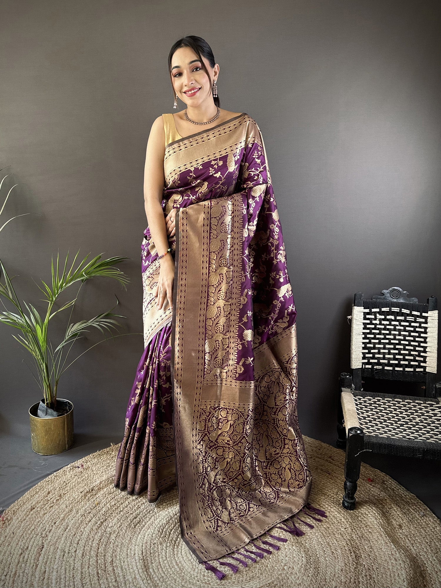 Joban Fashion Dark Purple Banarasi Soft Lichi Silk Floral and Zari Pattern Saree - Distacart