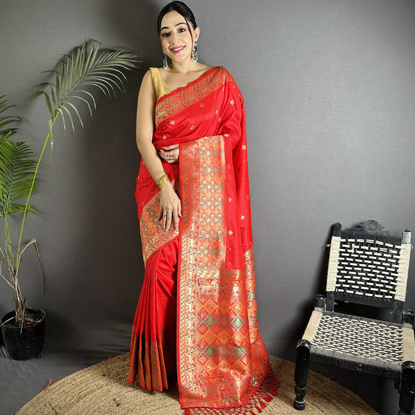 Joban Fashion Red Soft Lichi Silk Multicolour Minakari Weaving Saree - Distacart