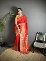 Thumbnail for Joban Fashion Red Soft Lichi Silk Multicolour Minakari Weaving Saree - Distacart