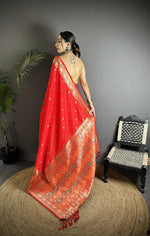 Thumbnail for Joban Fashion Red Soft Lichi Silk Multicolour Minakari Weaving Saree - Distacart