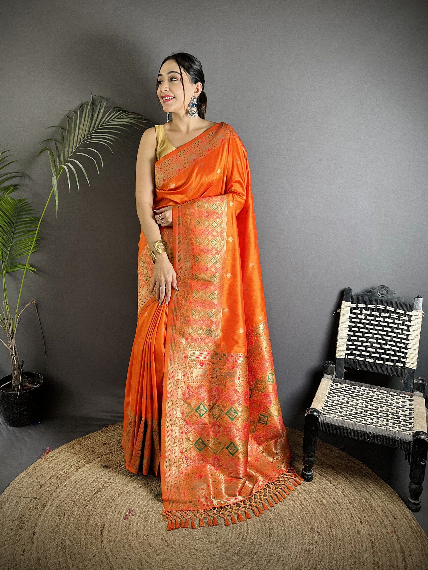 Joban Fashion Orange Soft Lichi Silk Multicolour Minakari Weaving Saree - Distacart