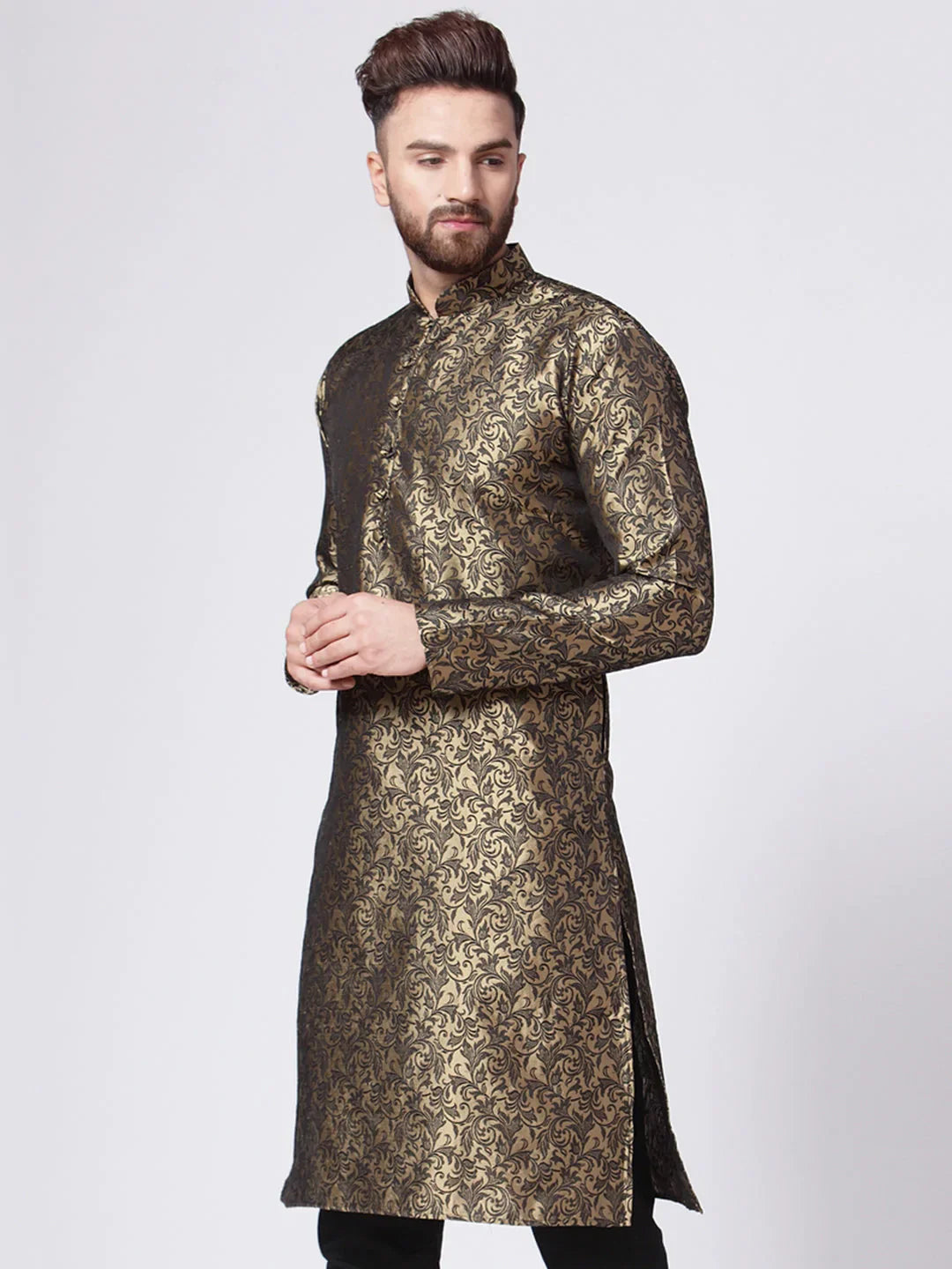 Jompers Men's Golden & Black Self Design Kurta Only - Distacart