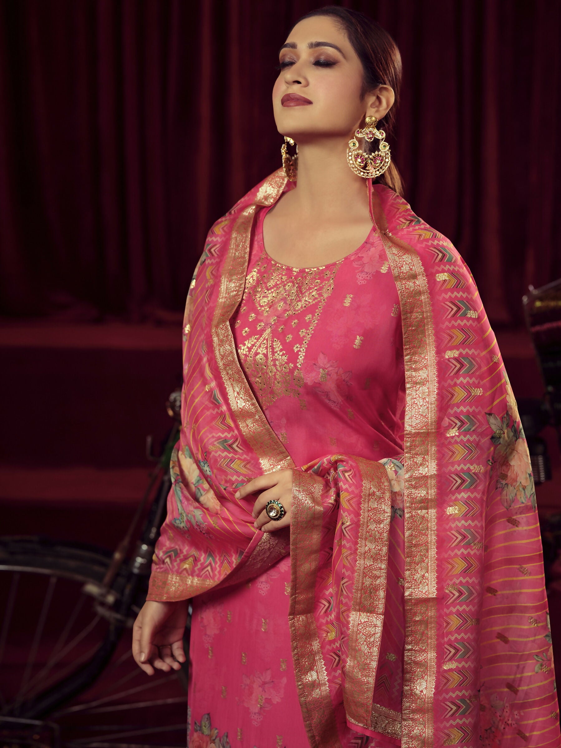 Jyoti Fashion Women's Magenta Organza Jacquard Woven Kurta with Trouser & Dupatta - Distacart