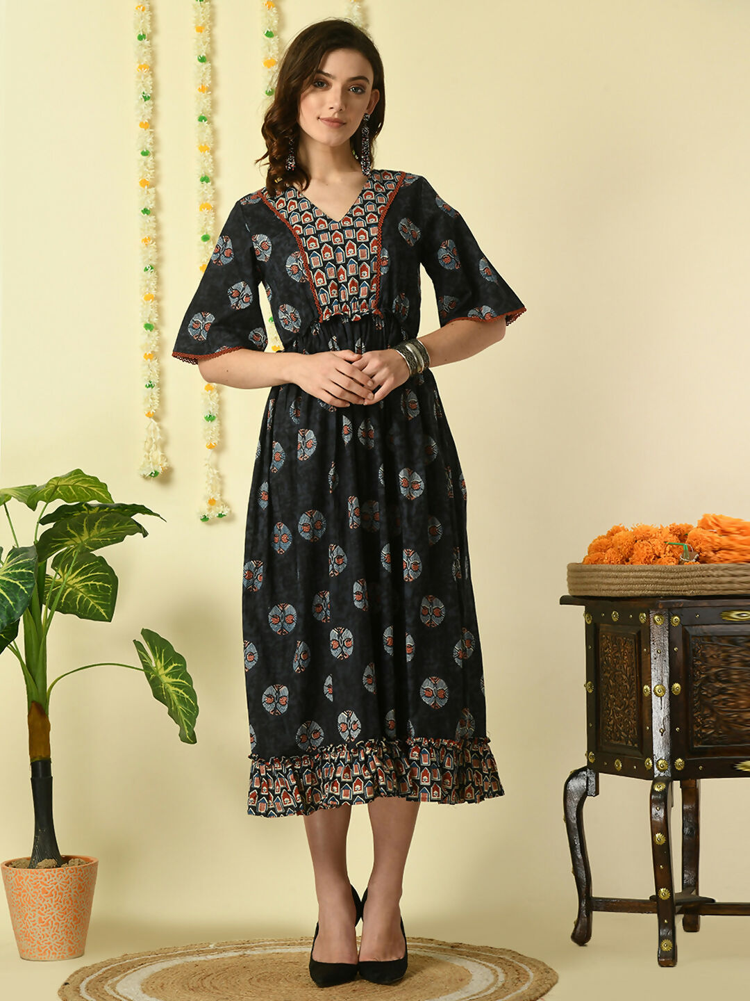 Myshka Women's Black Printed Cotton Party Dress - Distacart