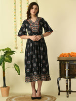 Thumbnail for Myshka Women's Black Printed Cotton Party Dress - Distacart