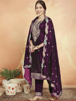 Thumbnail for Aastha Fashion Women's Wine Velvet Cording with Resham Thread & Sequin Kurta with Trouser & Dupatta - Distacart