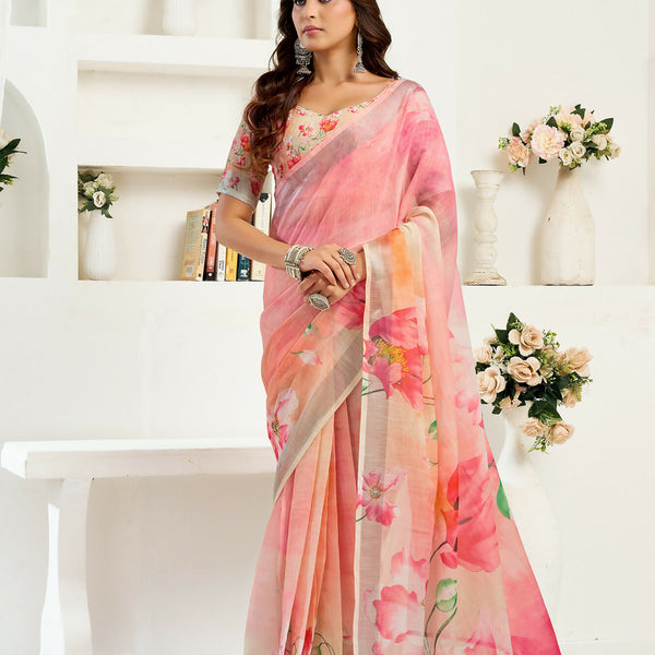 Vastranavya Peach Digital Printed Linen Ready To Wear Designer Saree with Unstitched Blouse - Distacart
