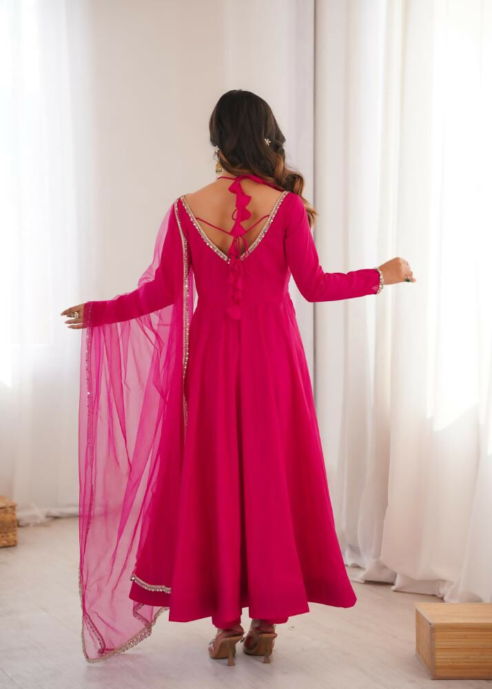 Lehenga Mart Designer Anarkali Suit With Kurta, Pant, Dupatta For Women-Dark Pink - Distacart
