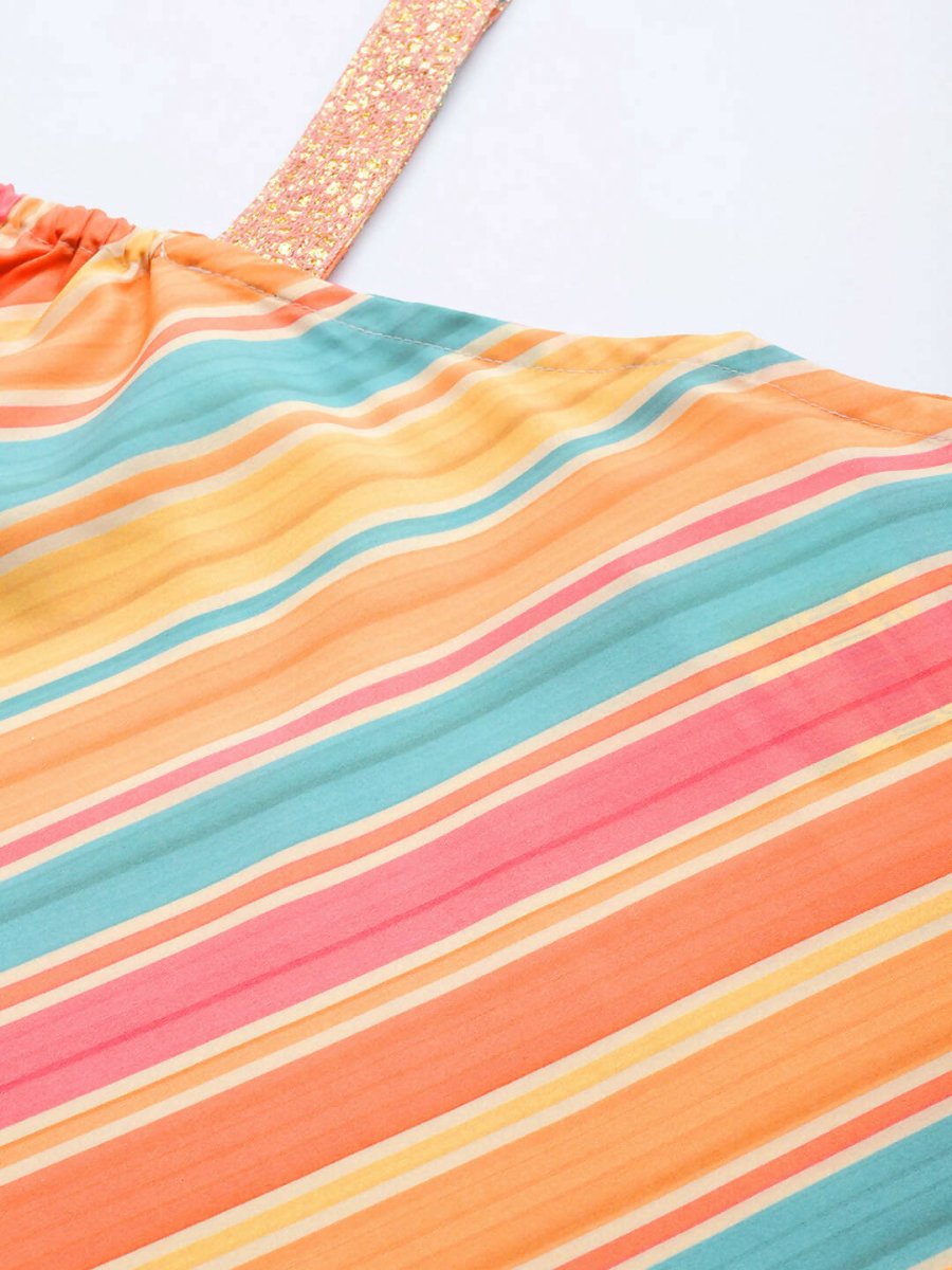 Ahalyaa Peach-Coloured & Blue Printed Striped Asymmetric Taselled Kaftan Kurta Palazzos - Distacart