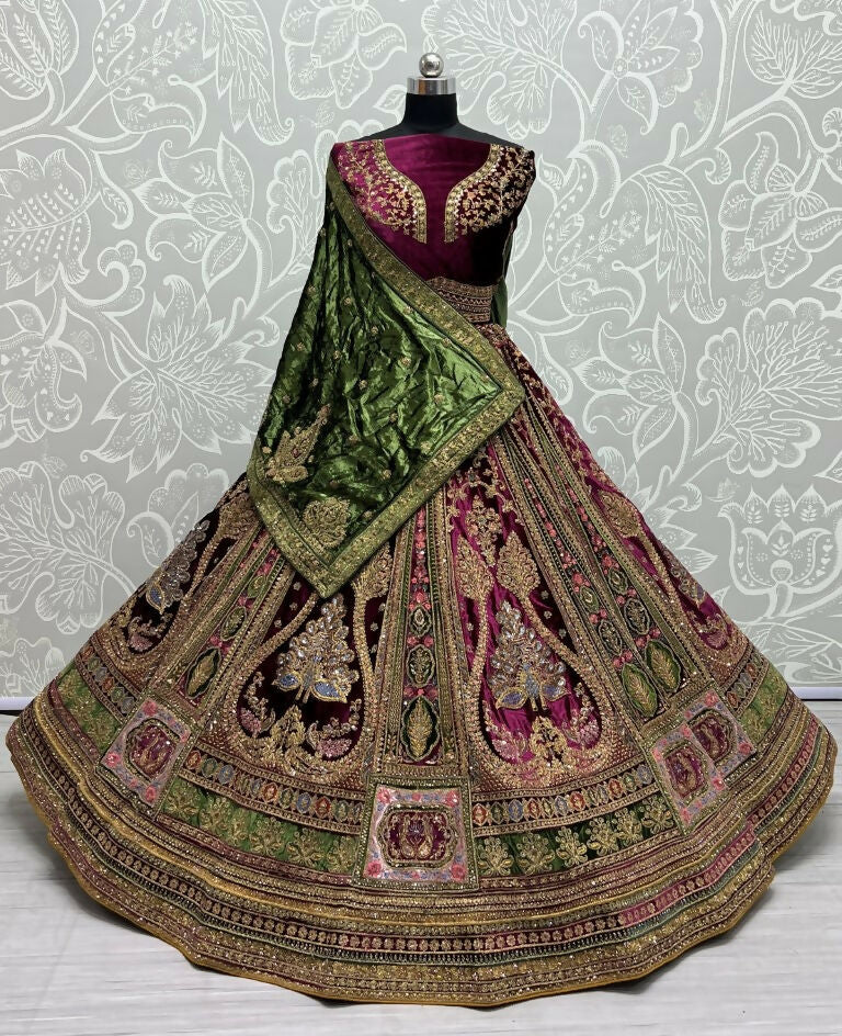 Jyoti Fashion Women's Purple Velvet Fancy Patch, Multi Thread Embroidered, Zircon Diamond, Sequins Work Wedding Lehenga Choli - Distacart
