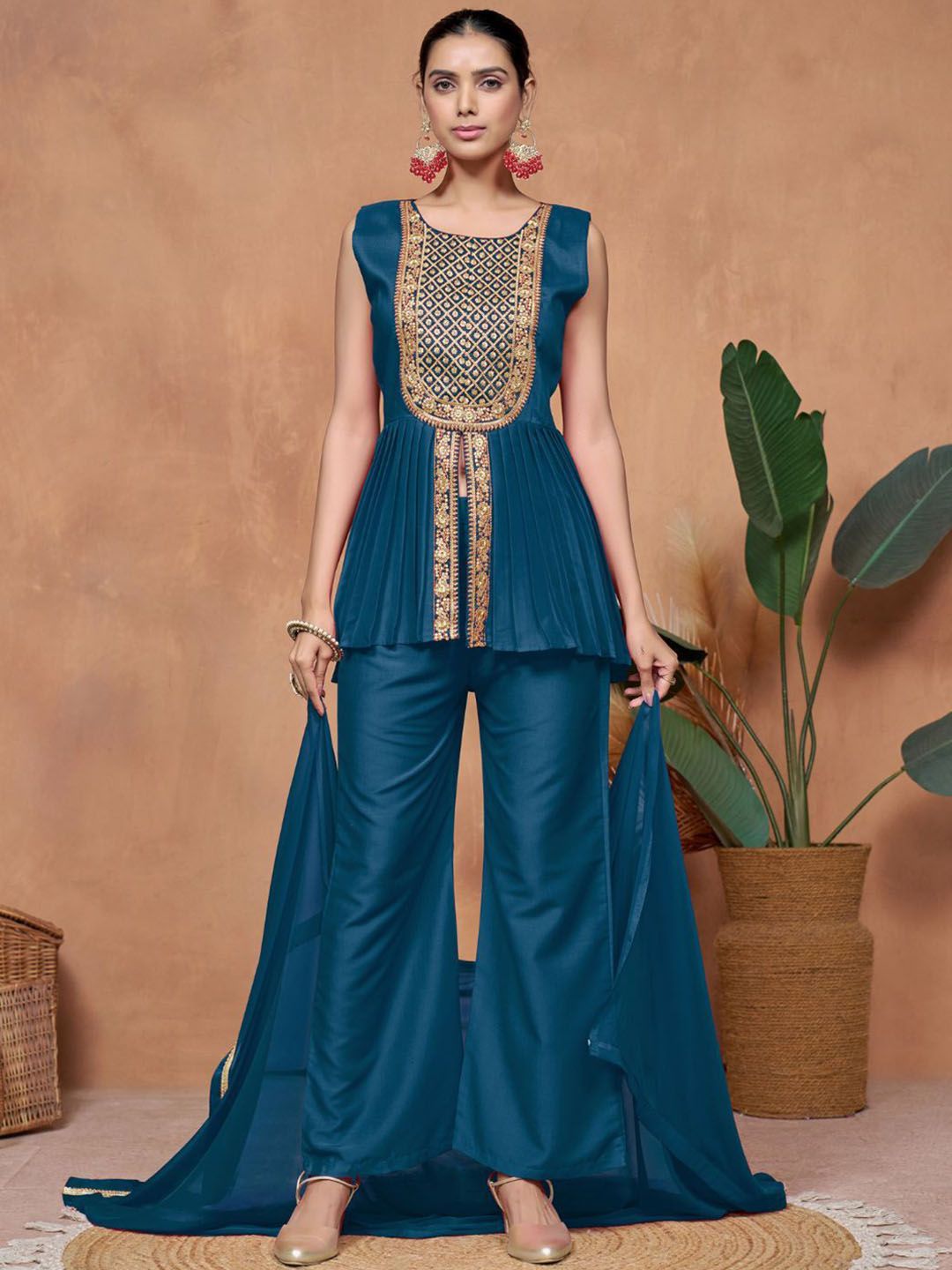 Sangria Floral Embroidered A-Line Kurta & Palazzo With Dupatta - Distacart