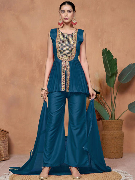 Sangria Floral Embroidered A-Line Kurta & Palazzo With Dupatta