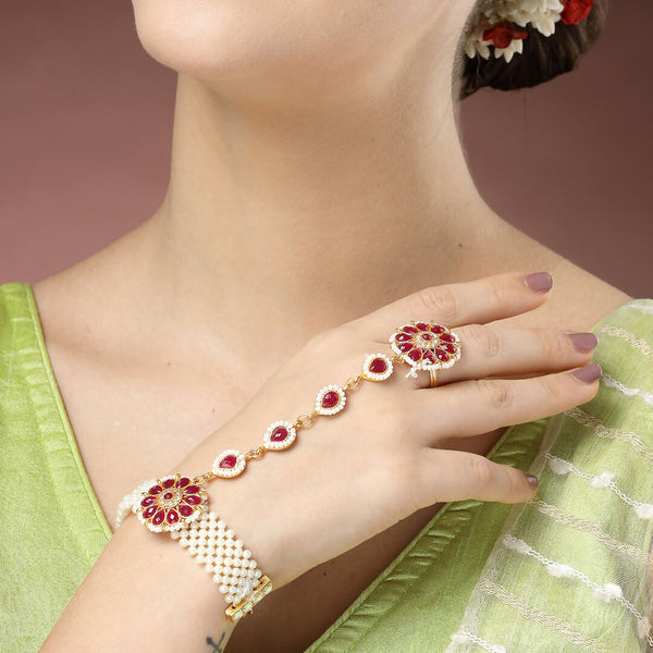 NVR Women's Red Gold-Polished Stone Studded Handcrafted Ring Bracelet - Distacart