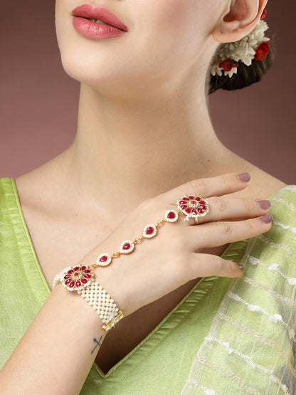 NVR Women's Red Gold-Polished Stone Studded Handcrafted Ring Bracelet - Distacart