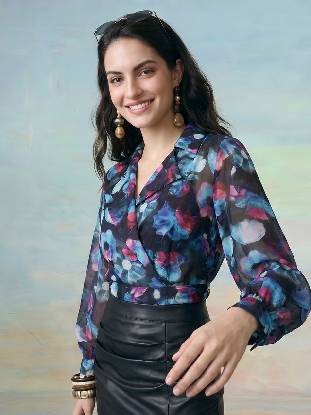 Janasya Black A-Line Georgette Top - Dista
