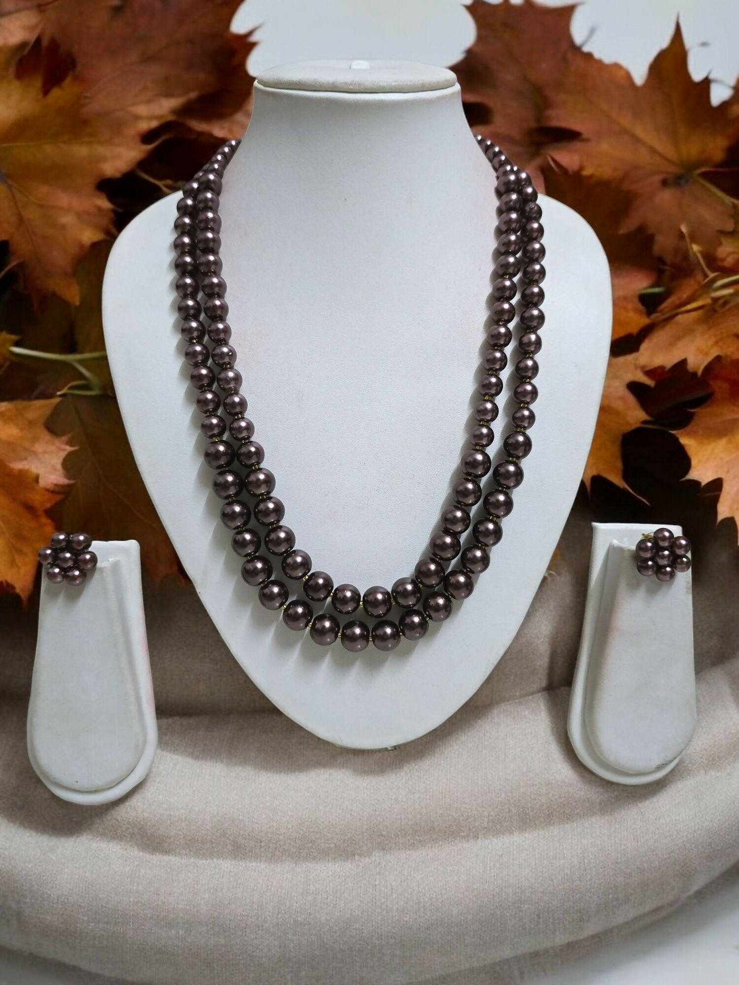 Inhanns Everyday Workwear Pearl Set (Double Layered Pearls) - Chocolate - Distacart