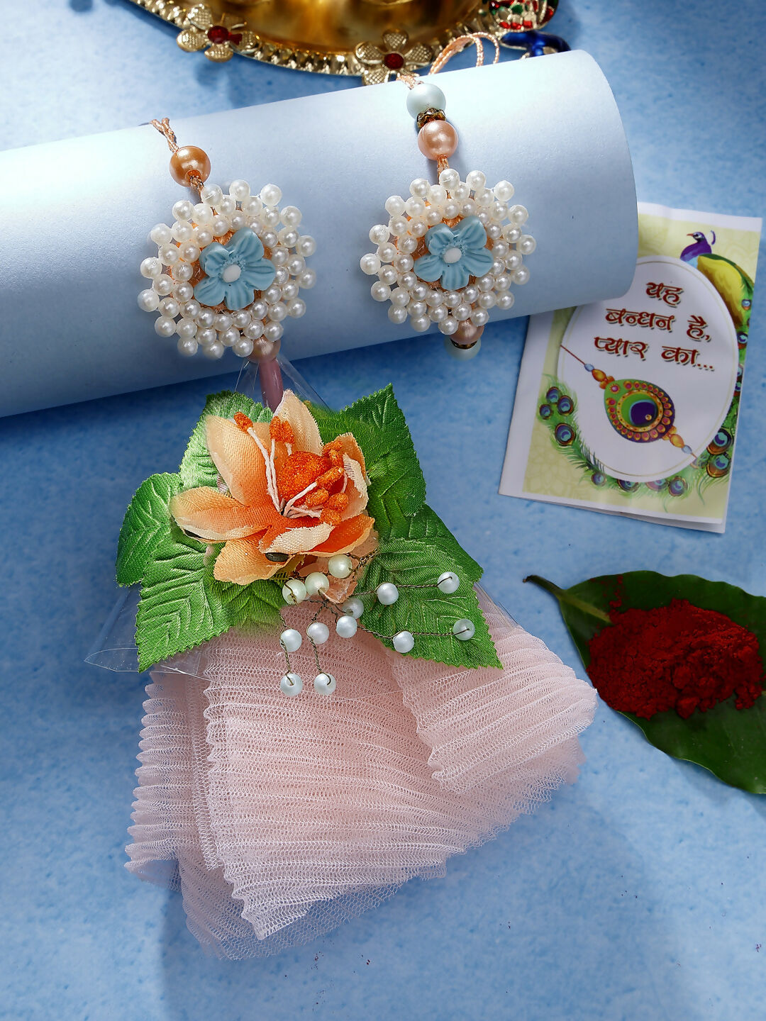 NVR Women & Men Set of 2 Peach Floral Design Pearl Beaded Bhaiya Bhabi Rakhi With Roli Chawal - Distacart