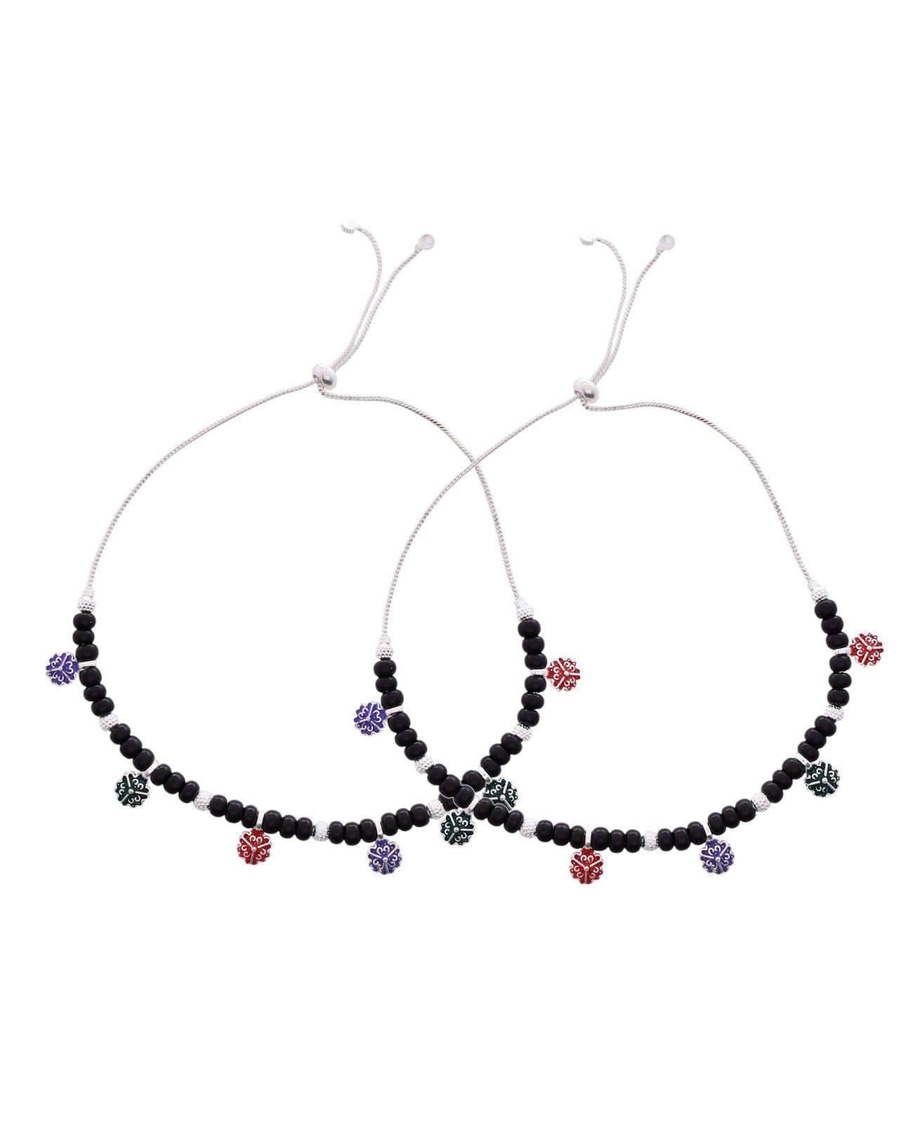 Jewels Nest Traditional Silver-Plated Black Beaded Anklet with Floral Charms