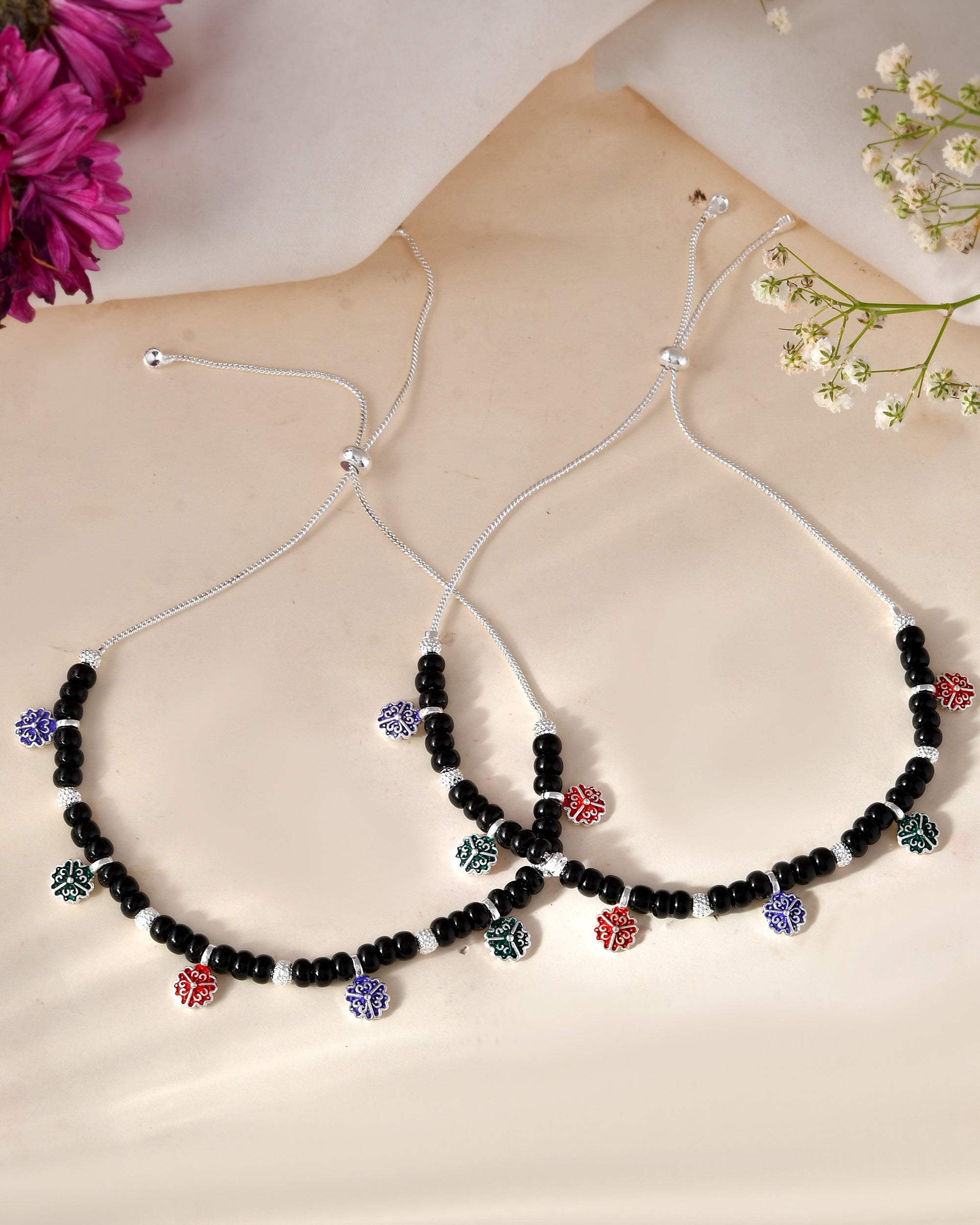 Jewels Nest Traditional Silver-Plated Black Beaded Anklet with Floral Charms - Distacart