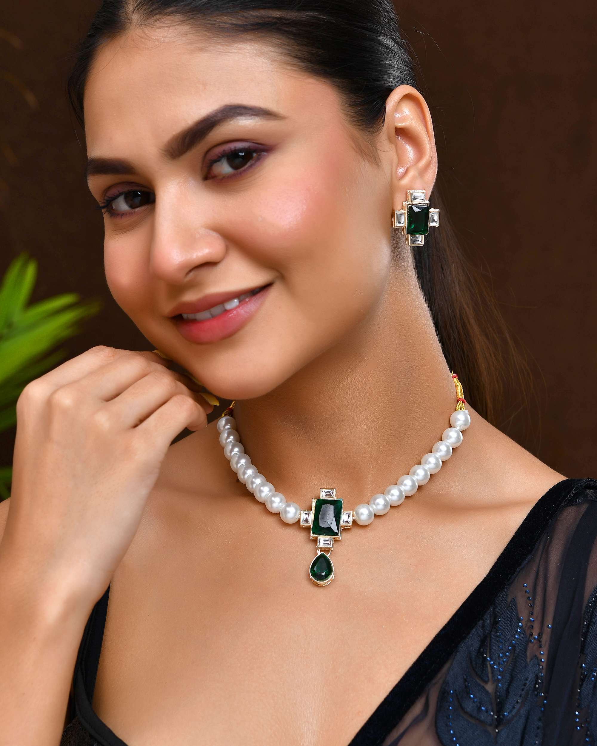 Jewels Nest Kundan Inspired Pearl and Green Stone Bridal Necklace