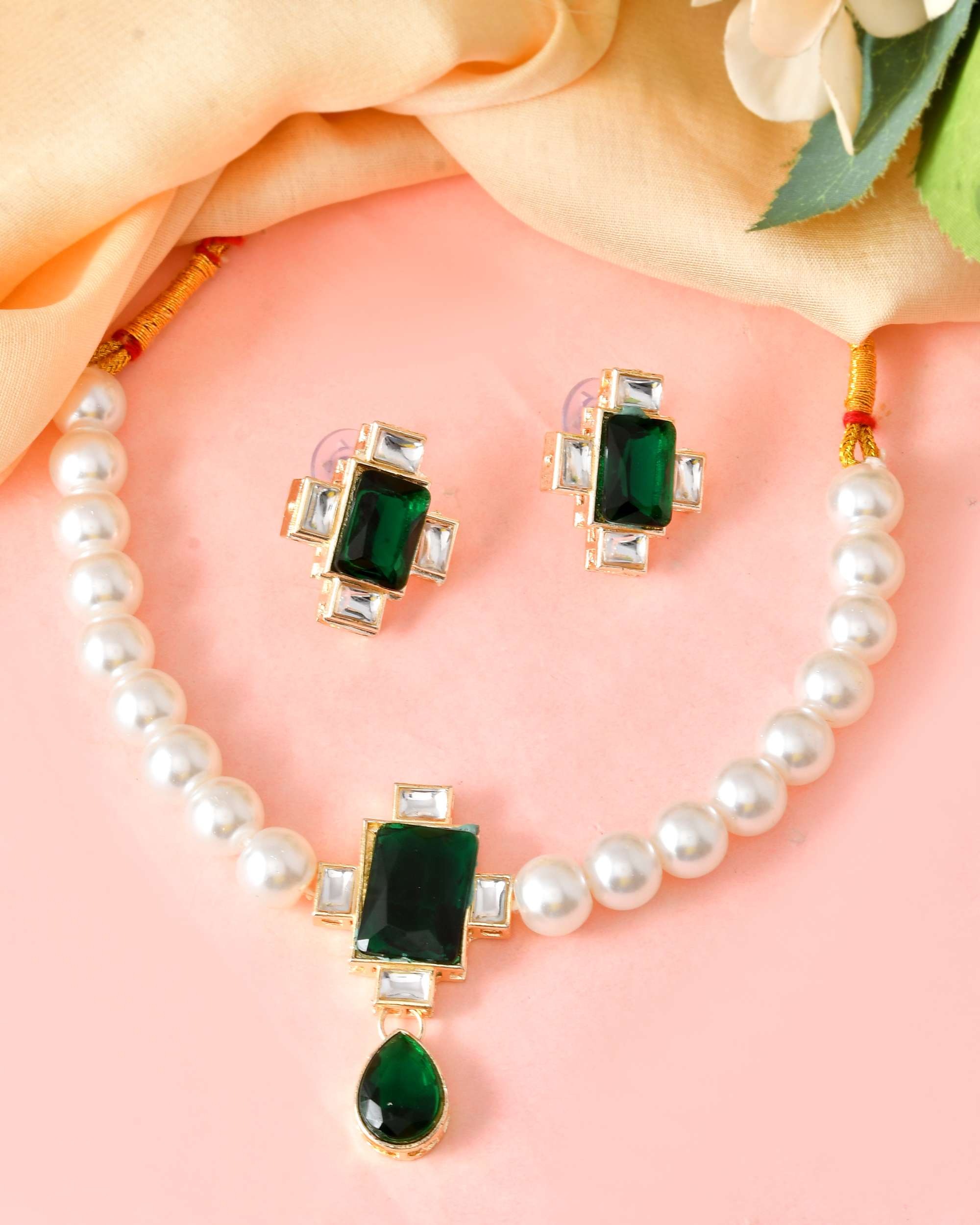 Jewels Nest Kundan Inspired Pearl and Green Stone Bridal Necklace - Distacart