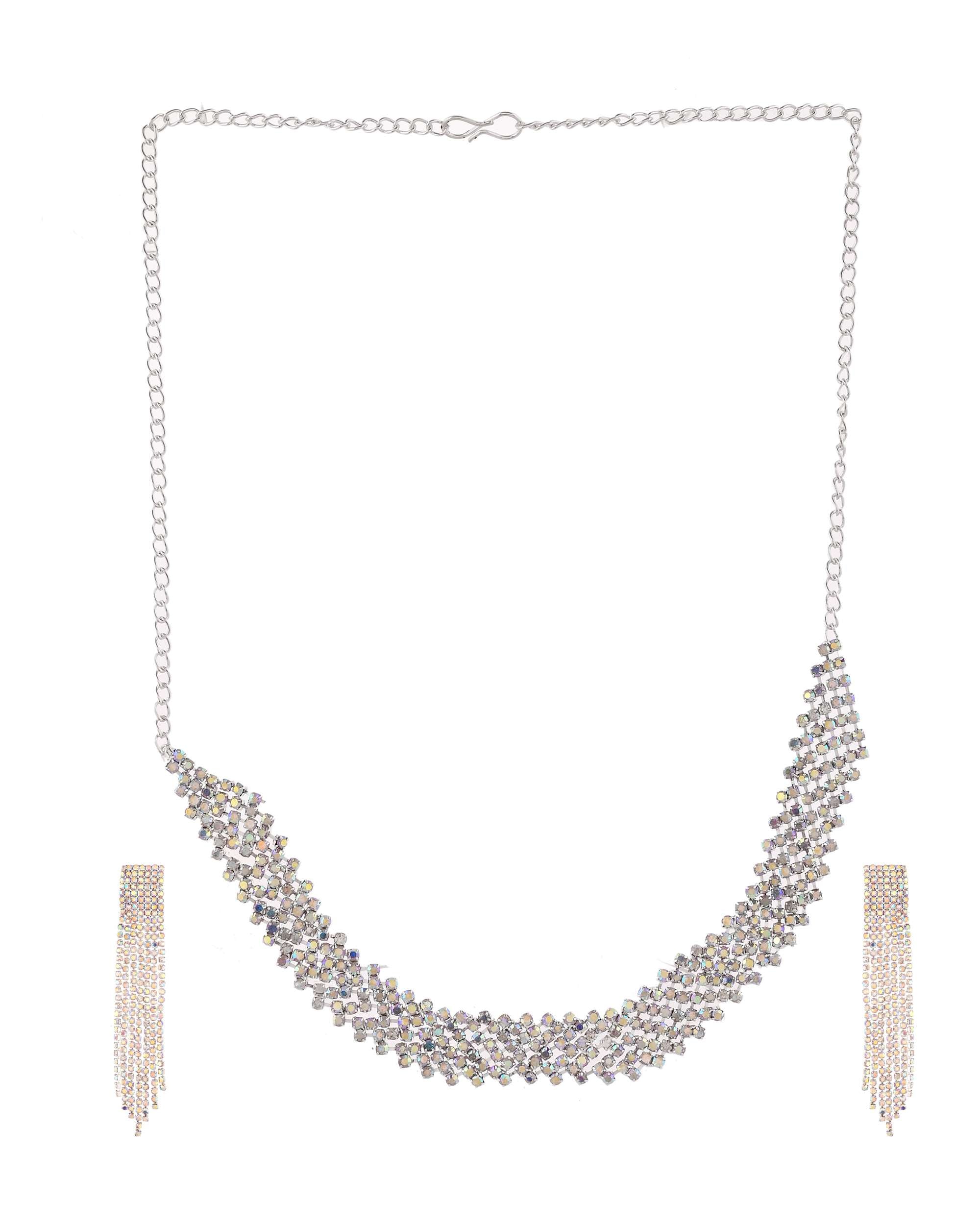 Jewels Nest Silver-Toned Crystal-Studded Multi-Layer Statement Choker