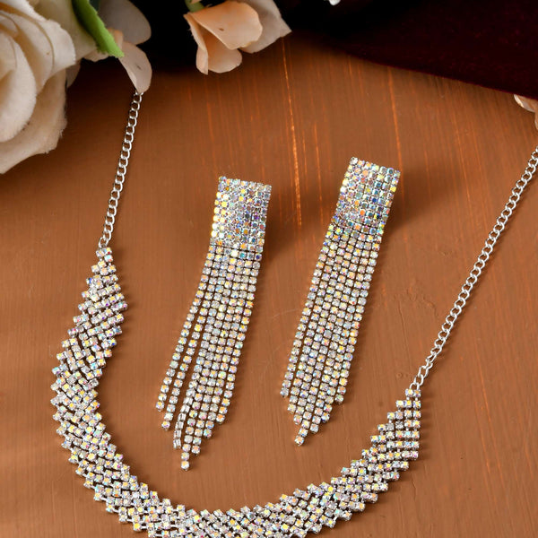 Jewels Nest Silver-Toned Crystal-Studded Multi-Layer Statement Choker