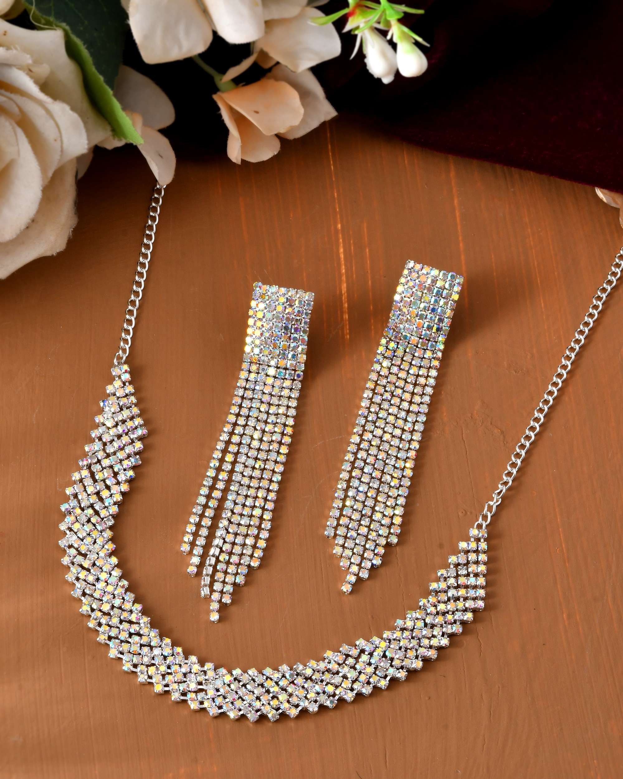 Jewels Nest Silver-Toned Crystal-Studded Multi-Layer Statement Choker - Distacart