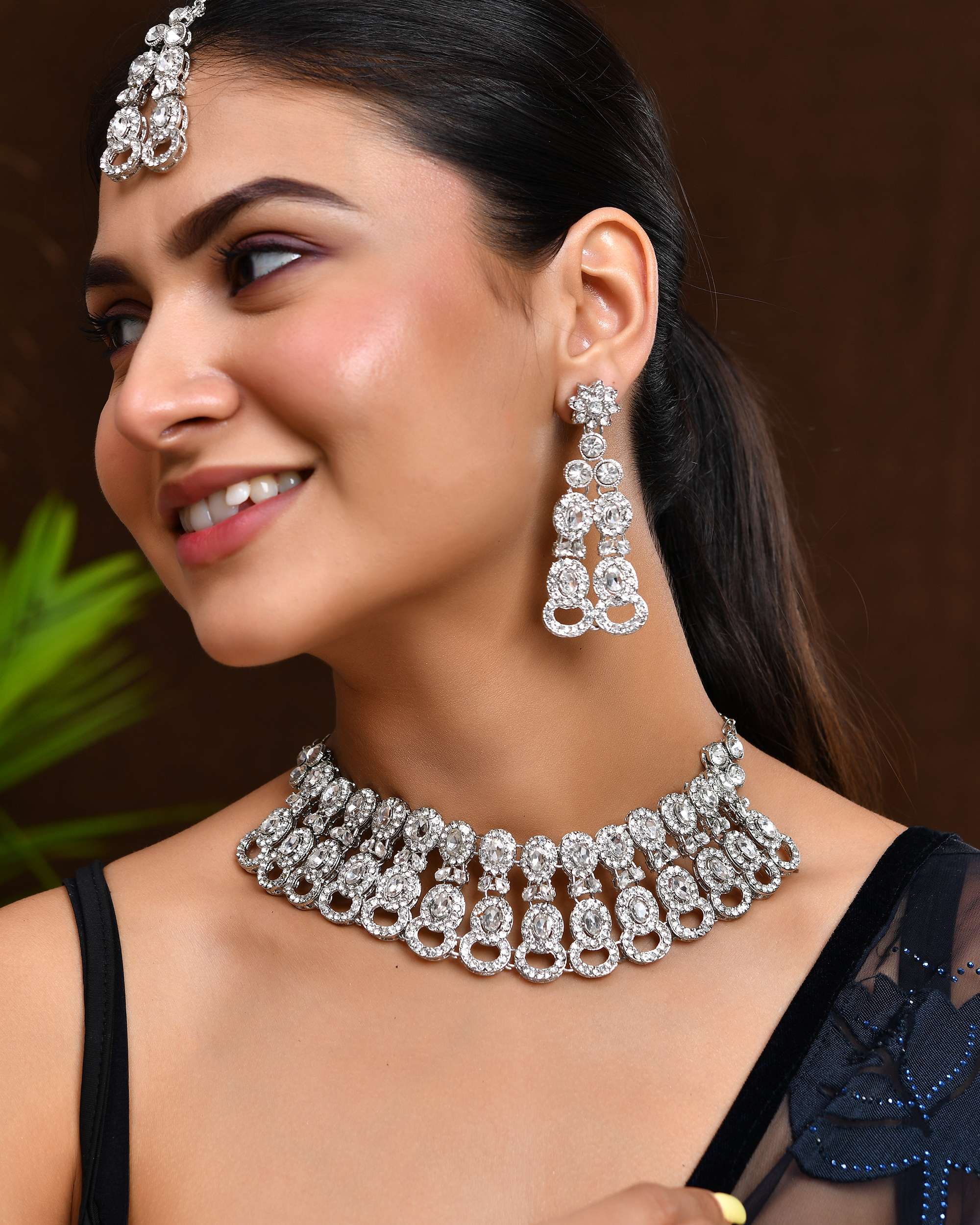 Jewels Nest Silver-Toned American Diamond Choker & Earrings Set