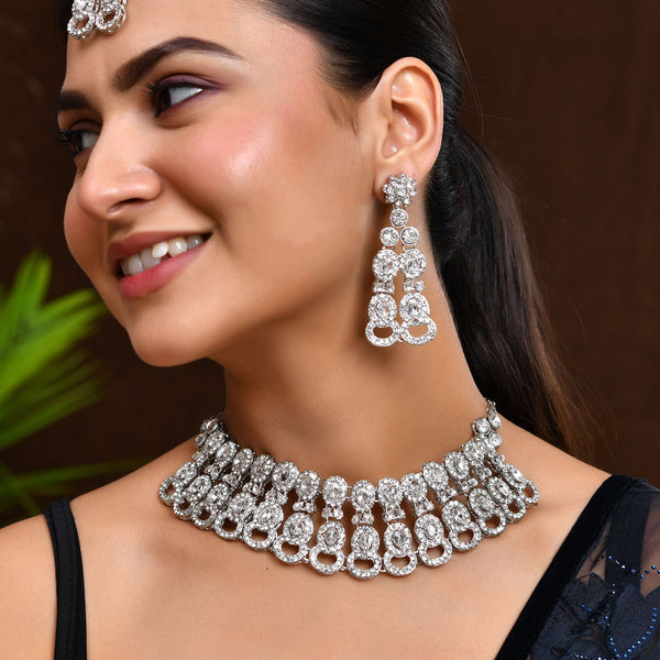 Jewels Nest Silver-Toned American Diamond Choker & Earrings Set - Distacart