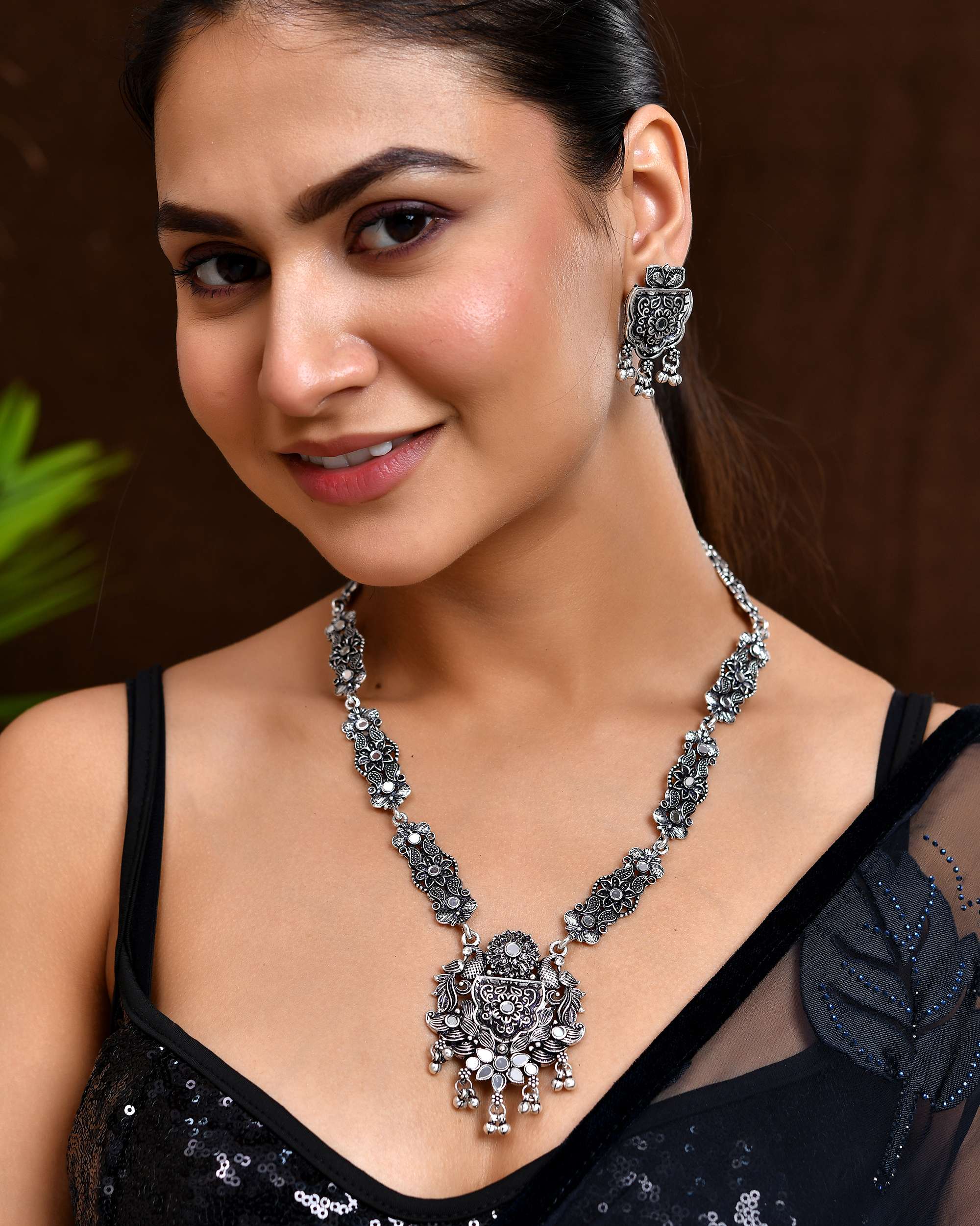 Jewels Nest Floral Oxidised Silver Long Necklace Set with Earrings