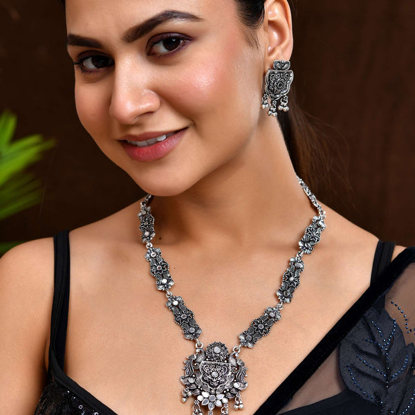 Jewels Nest Floral Oxidised Silver Long Necklace Set with Earrings
