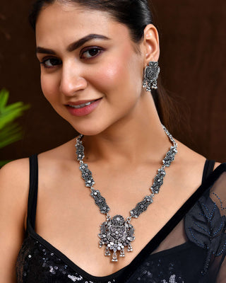 Jewels Nest Floral Oxidised Silver Long Necklace Set with Earrings