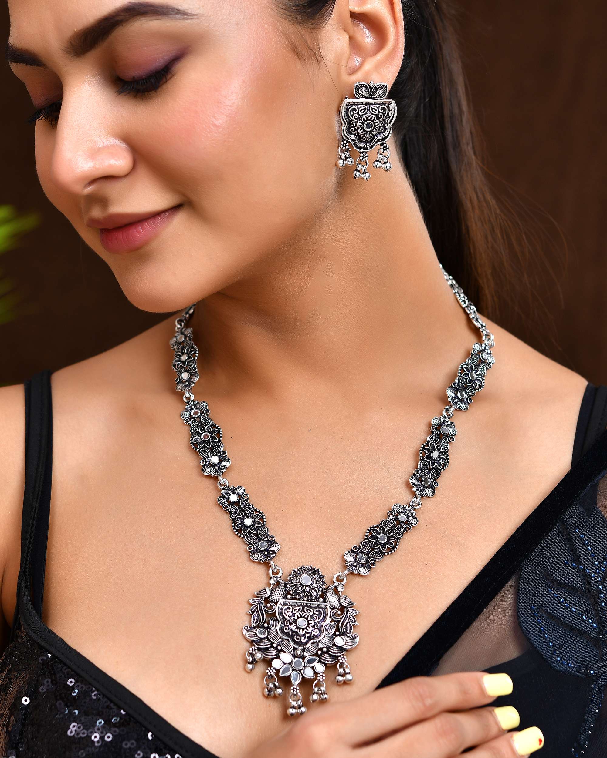 Jewels Nest Floral Oxidised Silver Long Necklace Set with Earrings