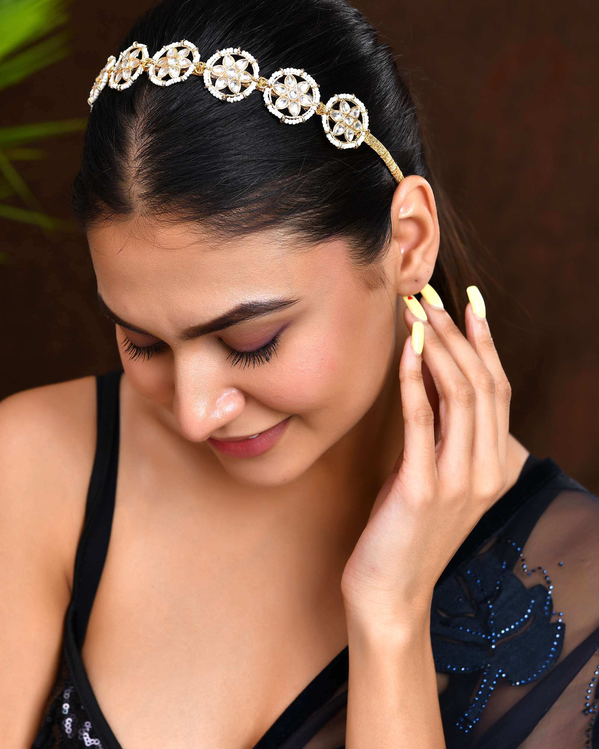 Jewels Nest Gold-Plated Kundan-Style Floral Hairband with Pearl Bead Accents