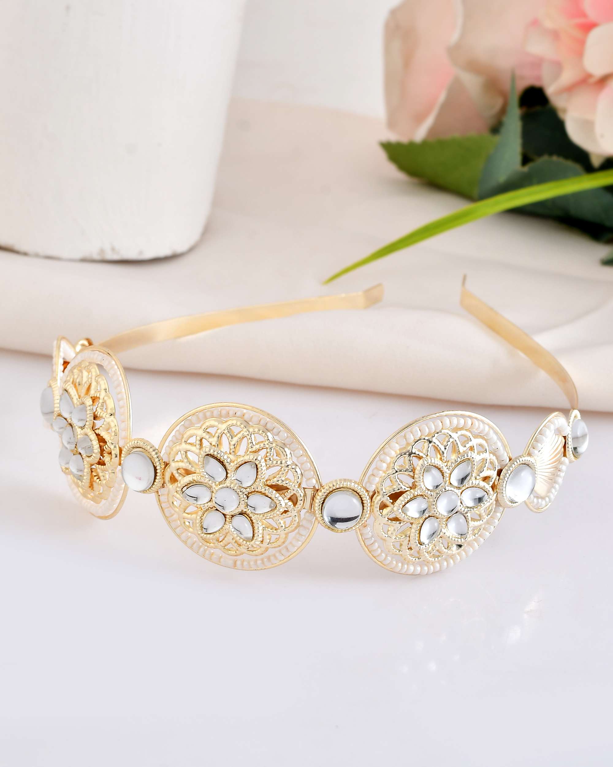 Jewels Nest Royal Kundan Mirror Work Hairband with Pearl Detailing