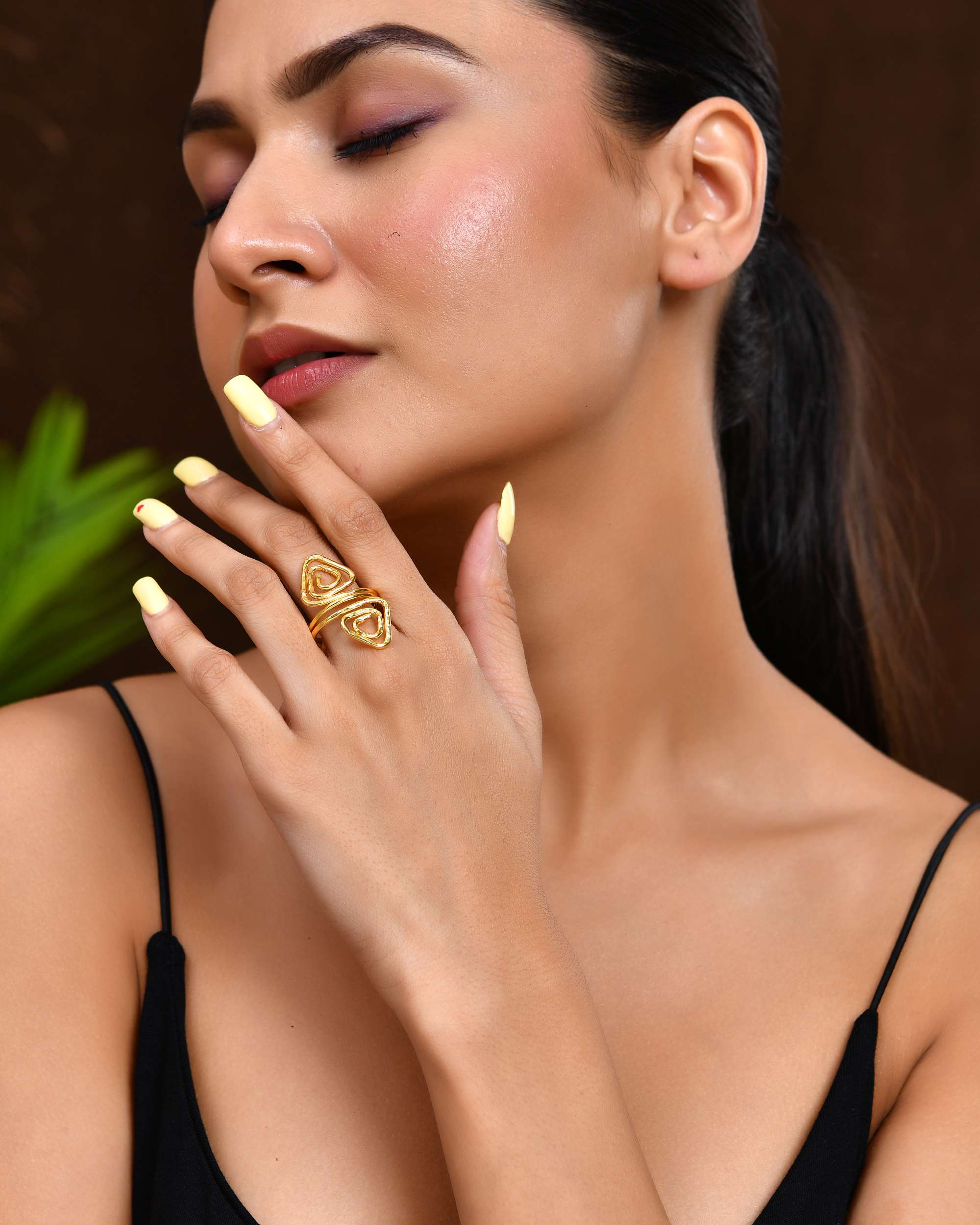 Jewels Nest Gold-Plated Textured Triple-Layer Adjustable Finger Ring | Anti-Tarnish Geometric Statement Ring for Women