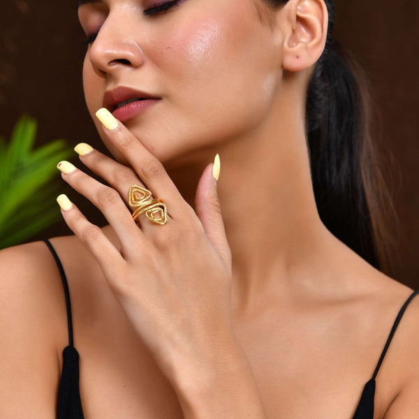 Jewels Nest Gold-Plated Textured Triple-Layer Adjustable Finger Ring | Anti-Tarnish Geometric Statement Ring for Women