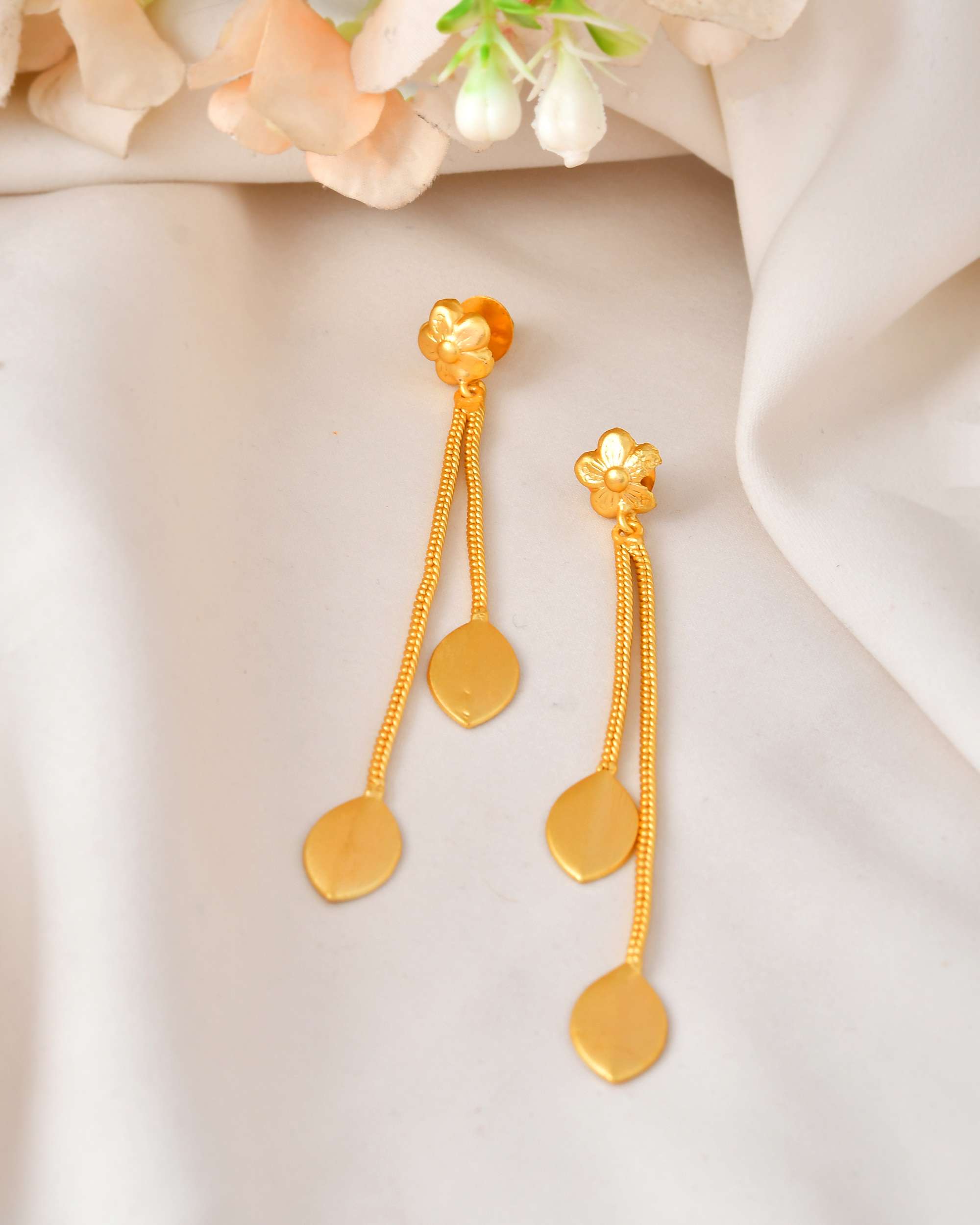 Jewels Nest Gold-Plated Leaf Chain Drop Earrings | Elegant Dual-Strand Dangler with Matte Finish Petals