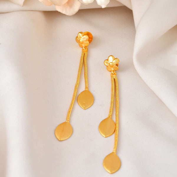Jewels Nest Gold-Plated Leaf Chain Drop Earrings | Elegant Dual-Strand Dangler with Matte Finish Petals