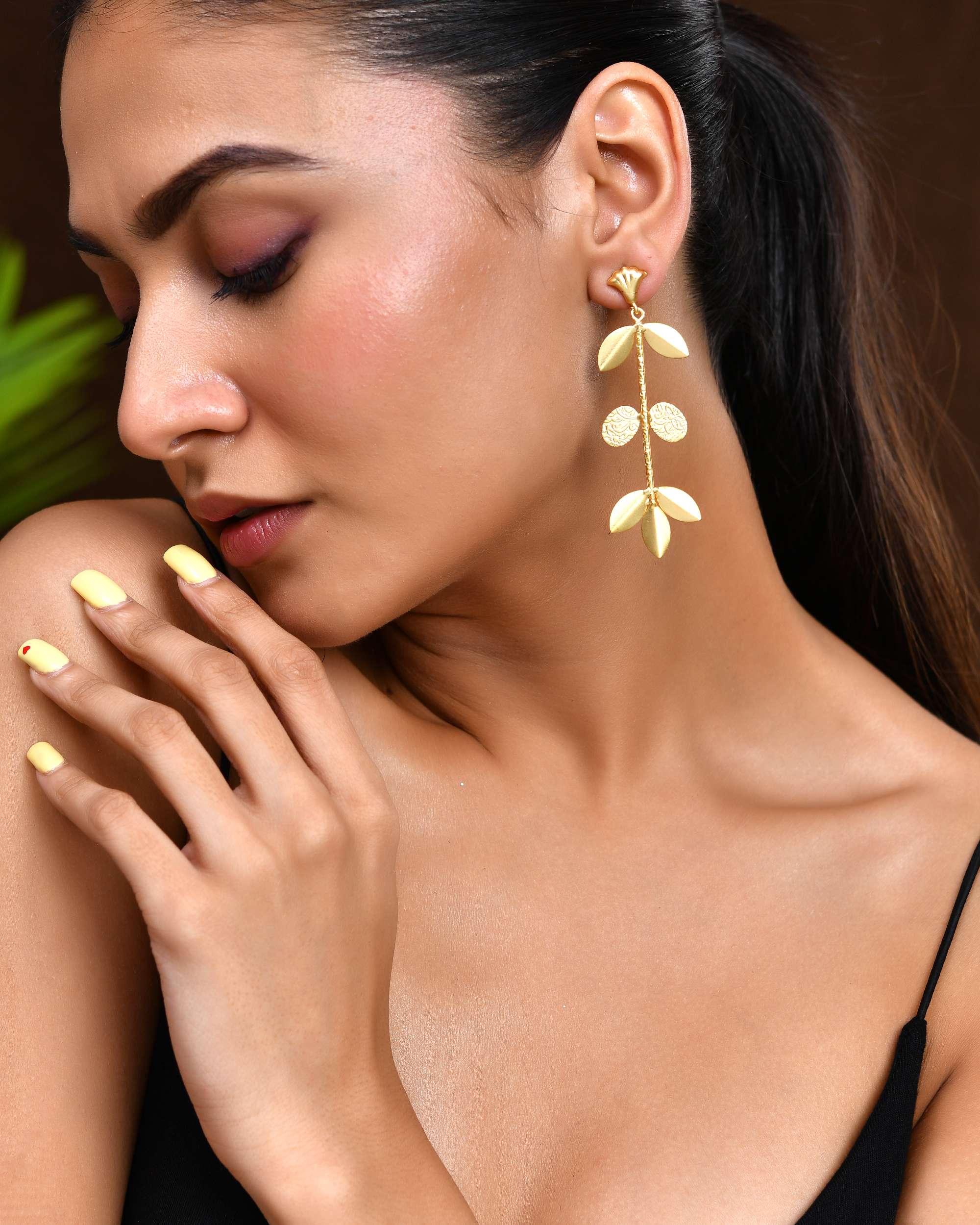 Jewels Nest Leaf & Coin Cascade Earrings | Matte Gold Long Ethnic Dangler Earrings for Women