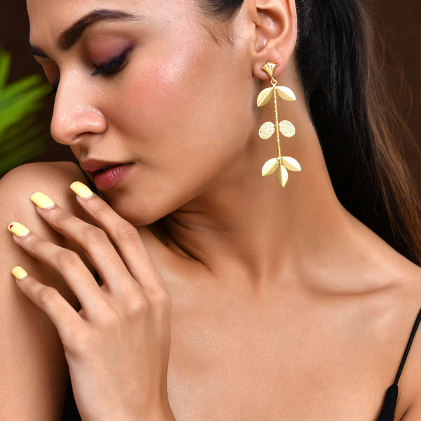 Jewels Nest Leaf & Coin Cascade Earrings | Matte Gold Long Ethnic Dangler Earrings for Women