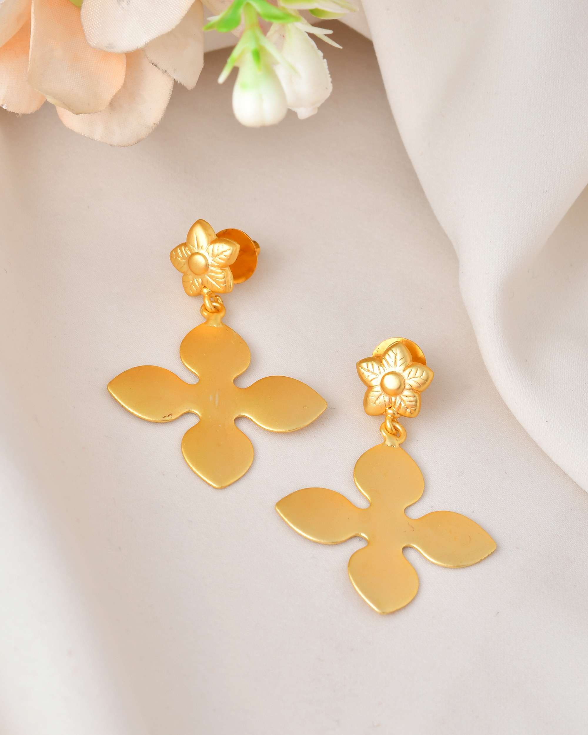 Jewels Nest Floral Bliss Drop Earrings | Elegant Matte Gold Designer Stud Danglers