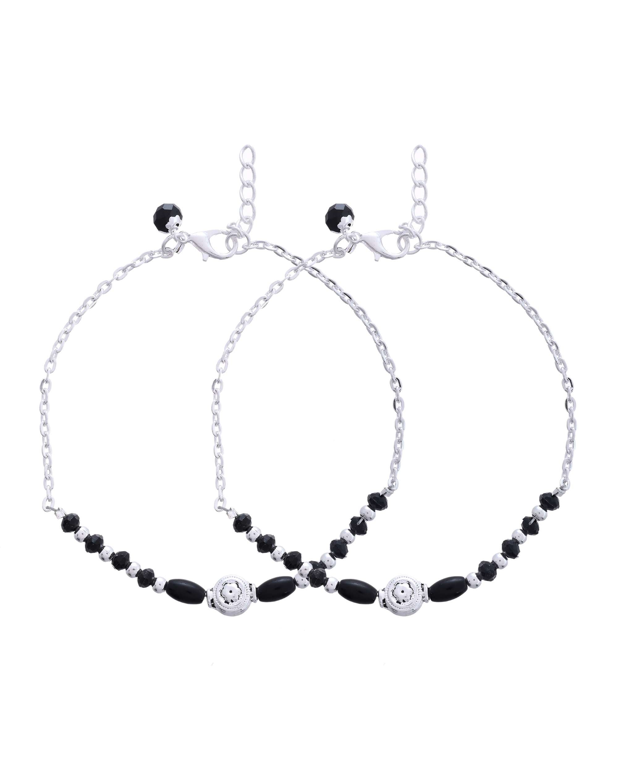 Jewels Nest Set of 2 Silver-Plated Stainless Steel Beaded Anklets with Artificial Black Stones & Floral Charms