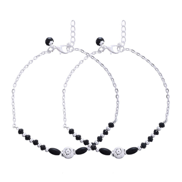 Jewels Nest Set of 2 Silver-Plated Stainless Steel Beaded Anklets with Artificial Black Stones & Floral Charms