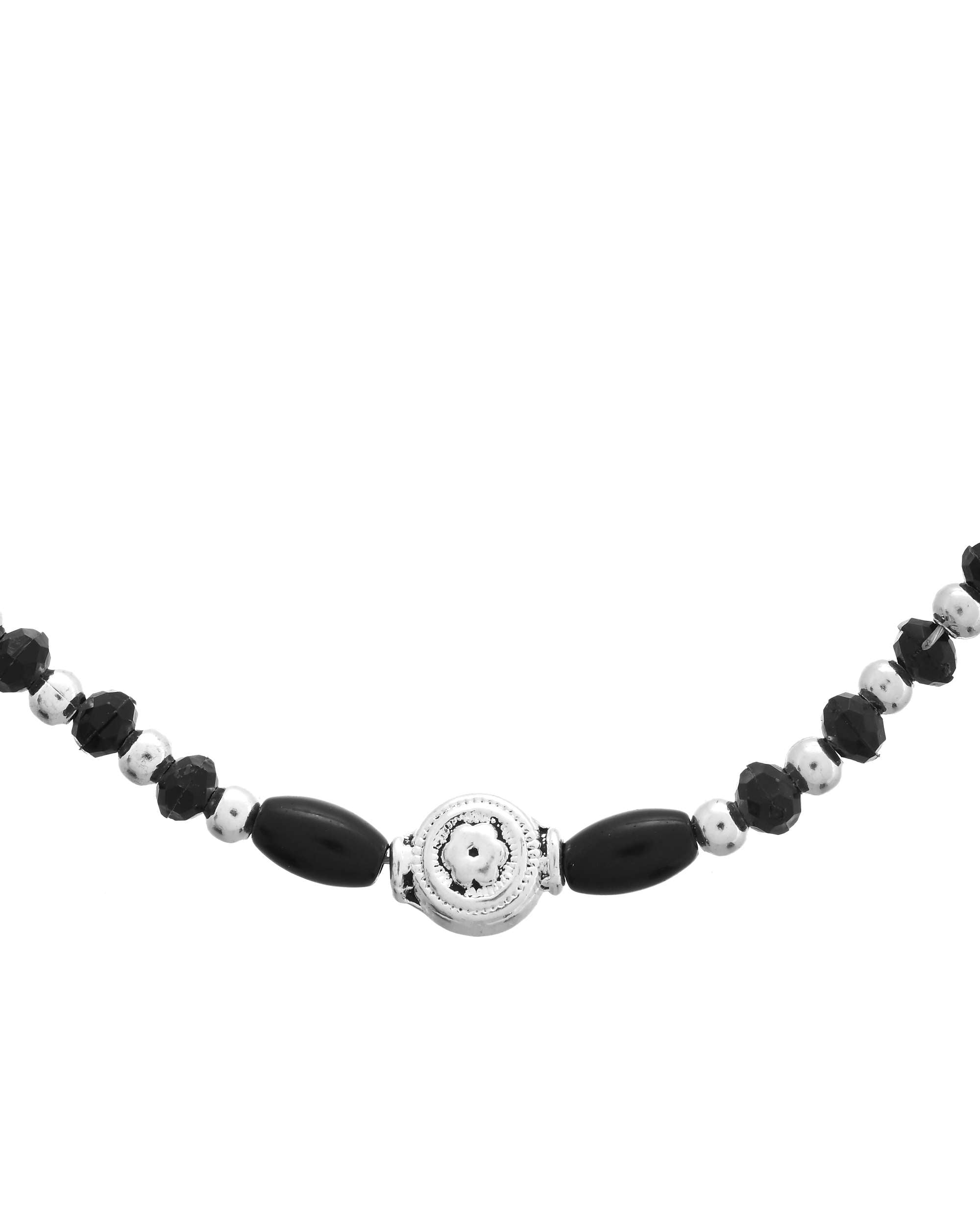 Jewels Nest Set of 2 Silver-Plated Stainless Steel Beaded Anklets with Artificial Black Stones & Floral Charms