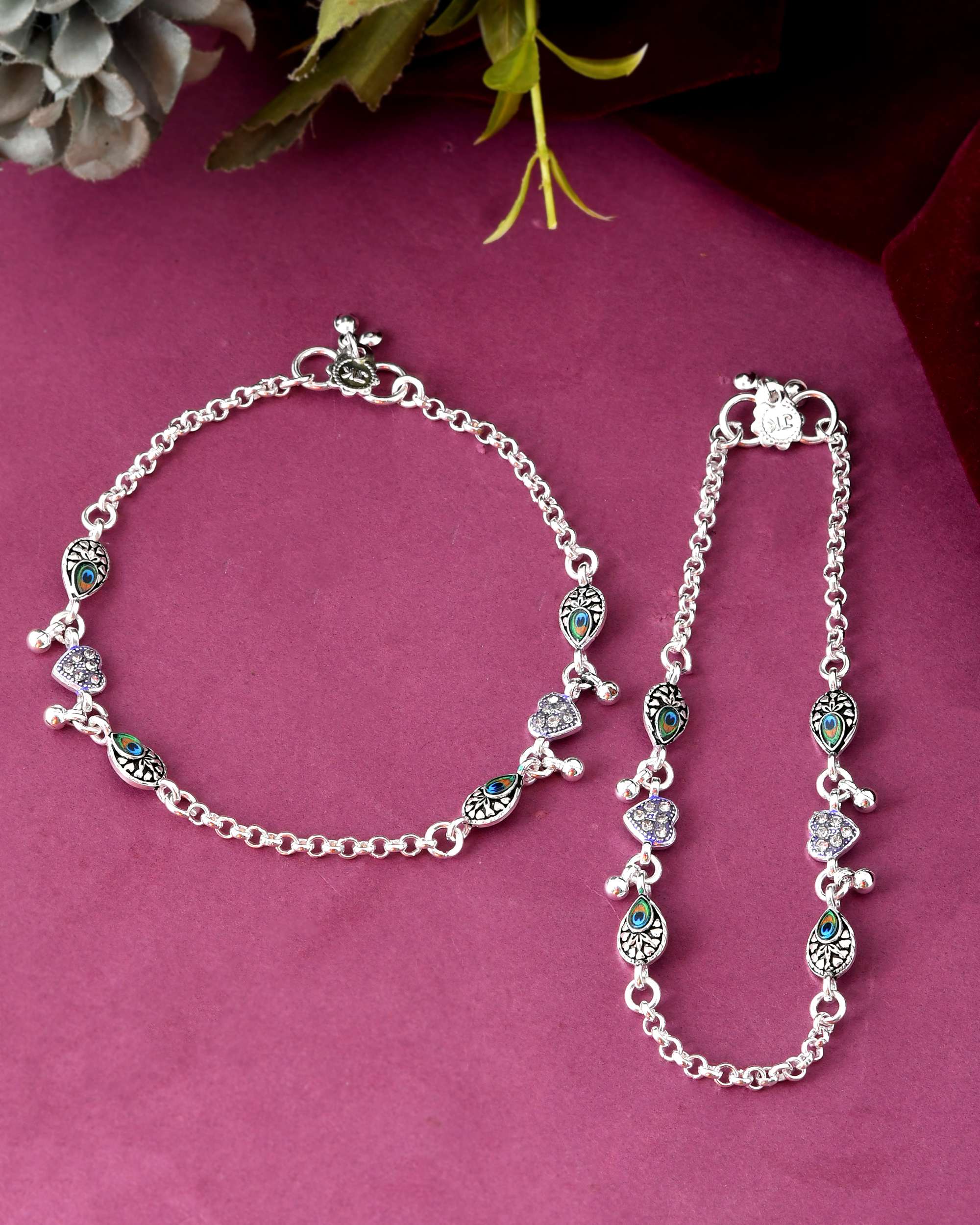 Jewels Nest Set of 2 Silver-Plated Stainless Steel Evil Eye & Heart Charm Beaded Anklets