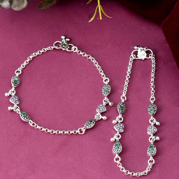 Jewels Nest Set of 2 Silver-Plated Stainless Steel Evil Eye & Heart Charm Beaded Anklets