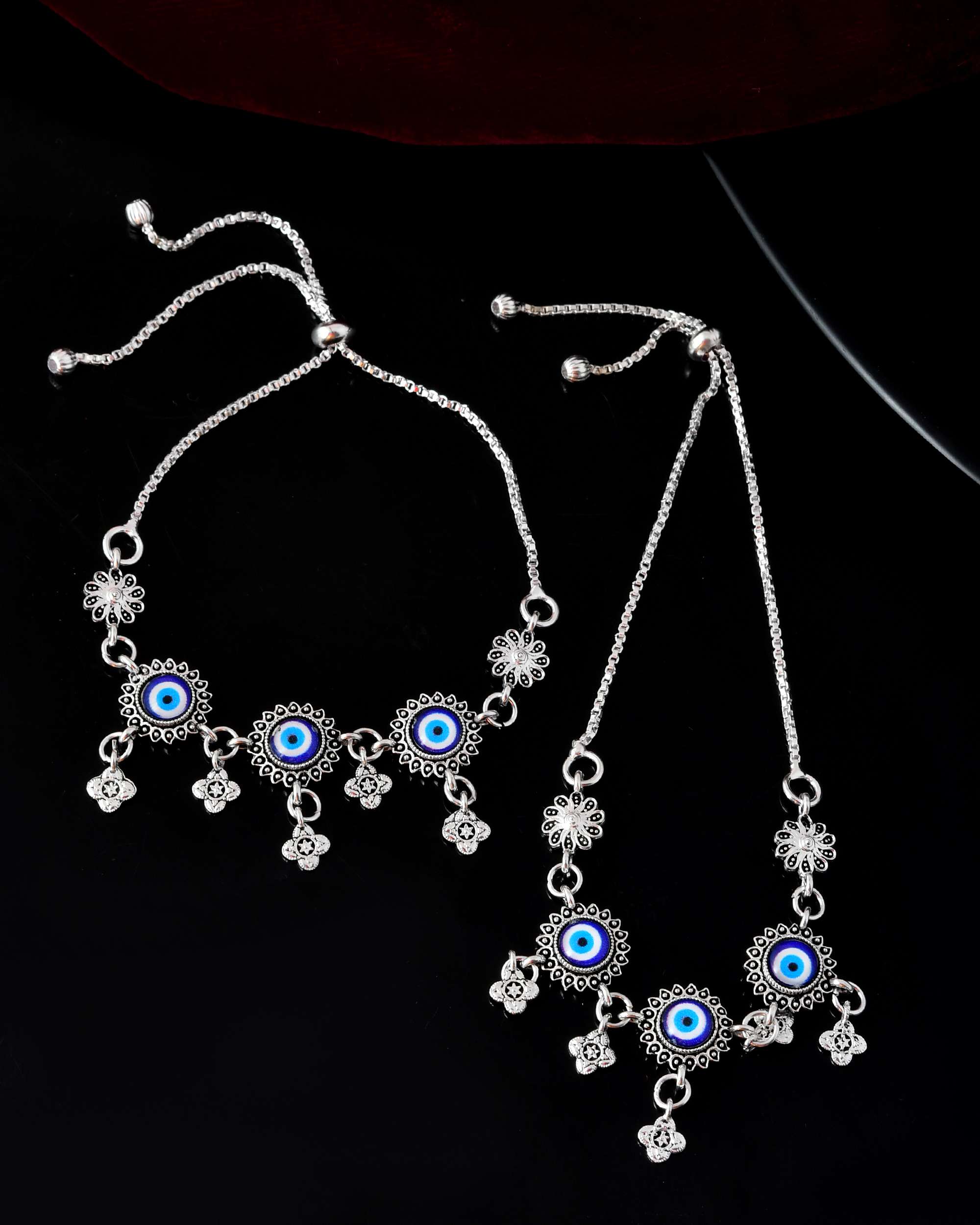 Jewels Nest Set of 2 Silver-Plated Stainless Steel Evil Eye & Stone-Studded Beaded Anklets