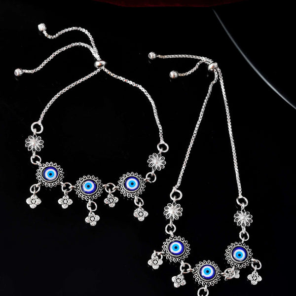 Jewels Nest Set of 2 Silver-Plated Stainless Steel Evil Eye & Stone-Studded Beaded Anklets